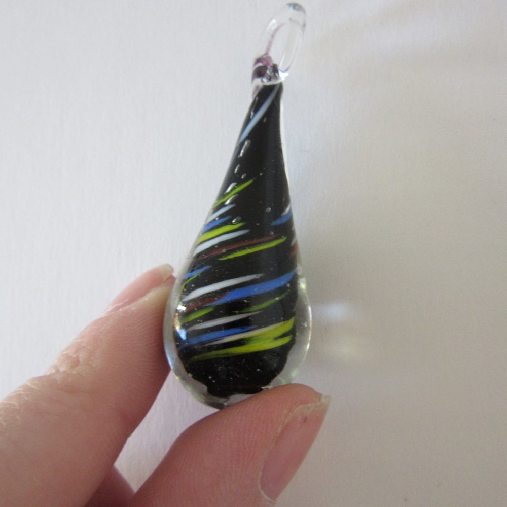 Glass Pendant Statement Necklace Blue Red Rainbow Swirl Teardrop